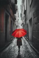 rouge parapluie dans main de femme en marchant sur une incolore rue. ai génératif photo