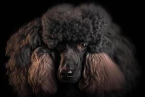 portrait de une caniche chien sur une noir Contexte. neural réseau ai généré photo