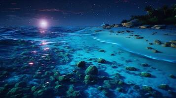 océan rive à nuit, le l'eau est plein de dinoflagellés, embrasé avec des millions brillant bleu néon lueur dans le foncé minuscule points. ai génératif photo