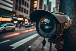 vidéosurveillance caméra ou surveillance en fonctionnement sur rue et bâtiment à nuit. neural réseau ai généré photo