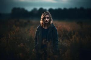 portrait de une magnifique fille dans le soir dans le champ. neural réseau ai généré photo