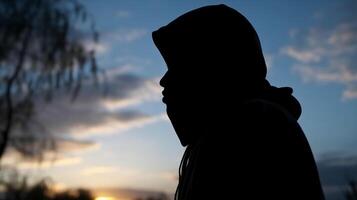 côté voir, silhouette de le affronter, une personne, faible angle, flou Frais Aube ciel. ai génératif photo