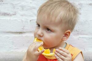 portrait de enfant. mignonne garçon posant et en mangeant une délicieux orange. le émotions de une enfant. photo