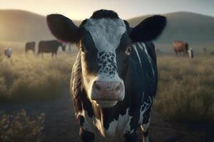 vert Prairie dans montagnes et vache, été paysage. neural réseau ai généré photo