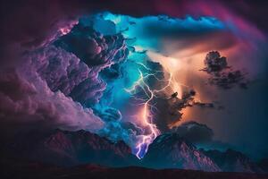 foudre avec coloré spectaculaire des nuages. neural réseau ai généré photo