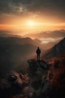 une homme est permanent sur une Montagne. ai génératif photo