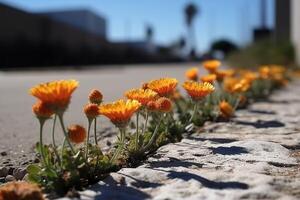 certains fleurs cette sont doublé en haut sur le côté de une route. ai génératif photo