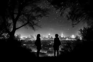 silhouettes de deux observation des étoiles femme en disant au revoir, entouré par des arbres et le contour de Londres ville dans le Contexte. ai génératif photo