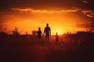 silhouette de content famille en marchant dans le Prairie à le coucher du soleil. ai génératif photo