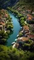 un aérien vue de de skradin historique centre, avec ses enroulement des rues et coloré bâtiments niché parmi le luxuriant verdure. ai génératif photo