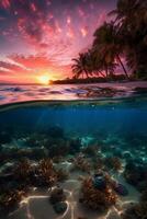 photographier de magnifique attrayant plage scène avec rose le coucher du soleil ciel. ai génératif photo