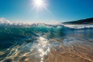 été paysage, la nature de tropical avec des rayons de Soleil lumière. magnifique Soleil éblouissement dans vague de transparent bleu l'eau sur plage contre bleu ciel. ai génératif photo