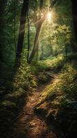 magnifique des rayons de lumière du soleil dans une vert forêt. ai génératif photo