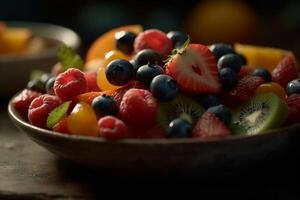 Frais fruit salade, proche en haut, macro, dans le style de nourriture la photographie. ai génératif photo