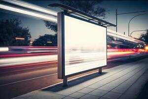 Vide La publicité lumière boîte sur autobus arrêt, maquette de vide un d panneau d'affichage sur nuit autobus gare, modèle bannière sur Contexte ville rue pour texte. neural réseau ai généré photo