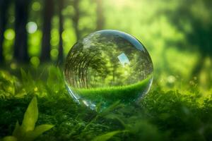 cristal Balle sur vert herbe avec réflexion de vert végétation à l'intérieur. neural réseau généré art photo