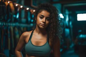 magnifique athlétique latina femme dans le salle de sport. neural réseau ai généré photo