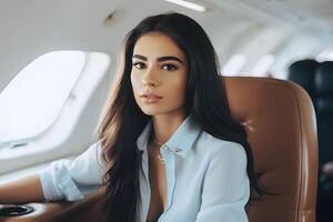 portrait de une réussi fille dans une privé jet. neural réseau ai généré photo