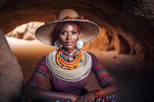 portrait de une magnifique africain femme dans ethnique style. neural réseau ai généré photo