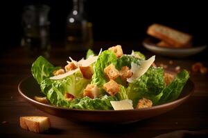 César salade avec grillé poulet, Croûtons, Caille des œufs et Cerise tomates sur en bois rustique tableau. neural réseau ai généré photo