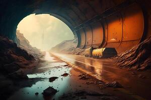 post-apocalyptique tunnel après pluie avec Orange radioactif poussière. neural réseau ai généré photo