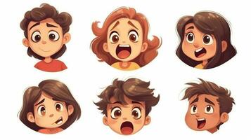 le ensemble de de bonne humeur dessin animé personnages avec brillant sourit et expressif visages amené immense joie et amusement à le les enfants dans le vibrant illustration. photo