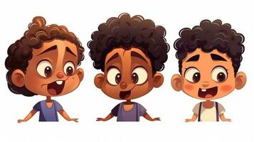 le ensemble de de bonne humeur dessin animé personnages avec brillant sourit et expressif visages amené immense joie et amusement à le les enfants dans le vibrant illustration. photo