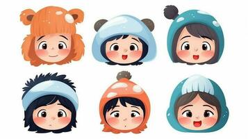 le ensemble de de bonne humeur dessin animé personnages avec brillant sourit et expressif visages amené immense joie et amusement à le les enfants dans le vibrant illustration. photo