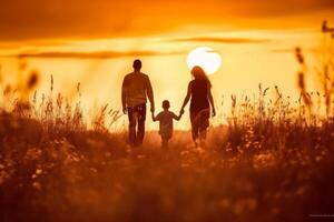 silhouette de content famille en marchant dans le Prairie à le coucher du soleil. ai génératif photo