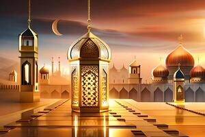réaliste eid Al adha mubarak salutations modèle luxueux grandiose mosquée île Contexte génératif ai photo