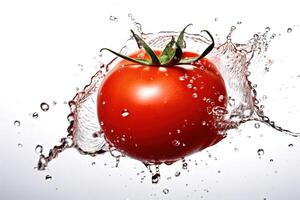 une tomate éclabousser dans une l'eau éclaboussure sur blanc arrière-plan, ai généré photo