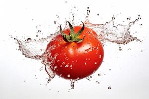 une tomate éclabousser dans une l'eau éclaboussure sur blanc arrière-plan, ai généré photo