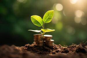 empiler de pièces de monnaie avec Jeune plante sur le Haut en dessous de lumière du soleil, ai généré photo