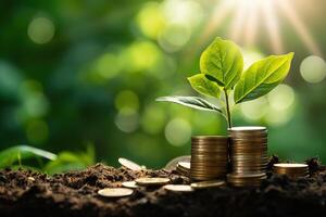 empiler de pièces de monnaie avec Jeune plante sur le Haut en dessous de lumière du soleil, ai généré photo