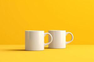 blanc des tasses sur Jaune Contexte pour votre dessins maquette, ai généré photo