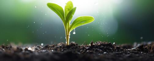 Jeune plante avec laissez tomber de l'eau dans lumière du soleil, croissance plante grandir en haut, ai généré photo