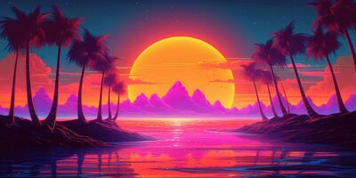 esthétique plage synthwave retrowave fond d'écran avec une cool et vibrant néon conception, ai généré photo