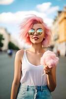 Jeune hispitre femme avec rose coloré cheveux en marchant sur le rue en mangeant coton bonbons. génératif ai photo