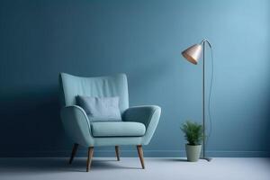 minimal intérieur avec bleu doux chaise et lampe, ai généré photo