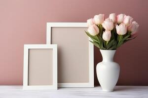 vide blanc Cadre maquette avec scandinave regarder, Rose fleurs dans vase, ai généré photo