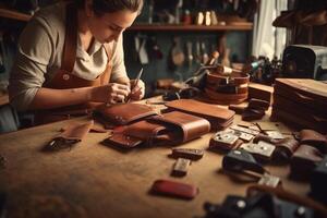 le processus de fabrication cuir marchandises. le mains de le Maître travail avec une cuir produit. génératif ai photo