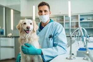 vétérinaire examiner mignonne chien dans vétérinaire clinique, génératif ai photo