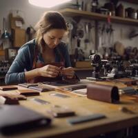 le processus de fabrication cuir marchandises. le mains de le Maître travail avec une cuir produit. génératif ai photo