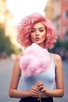 Jeune hispitre femme avec rose coloré cheveux en marchant sur le rue en mangeant coton bonbons. génératif ai photo