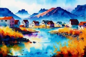 une aquarelle ville. nordique sérénité, aquarelle La peinture de une scandinave ville. génératif ai photo