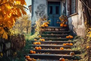 coloré citrouilles et fleurs sur le escaliers de loger, décoration pour Halloween. ai généré photo
