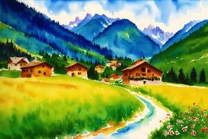 une aquarelle ville. alpin tranquillité. aquarelle La peinture de une Suisse alpin village. génératif ai photo