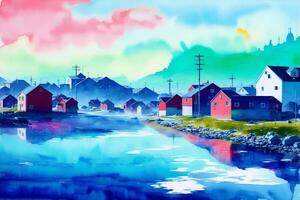 une aquarelle ville. nordique sérénité, aquarelle La peinture de une scandinave ville. génératif ai photo