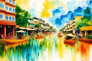 une aquarelle ville. couleurs de Thaïlande. aquarelle La peinture de une thaïlandais ville. génératif ai photo