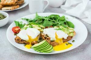 en bonne santé petit déjeuner. poché des œufs sur pain grillé avec Avocat pièces, roquette, mizuna et bettes feuilles et Cerise tomates sur une assiette sur une servi tableau. flexétaire régime photo